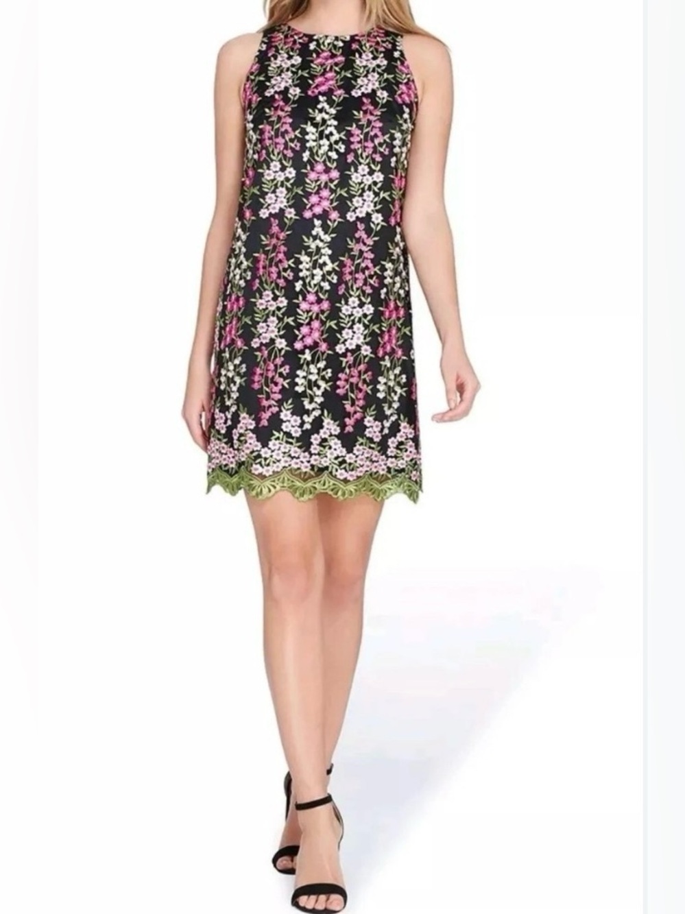 Tahari ASL Black Floral Embroidered Sleeveless Dress Scalloped Lace Hem New sz 6
